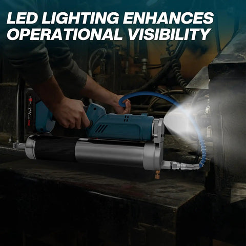 2-In-1 Cordless Grease Gun Kit With Dual Grips, 12,000 PSI High Pressure showing LED light in operation