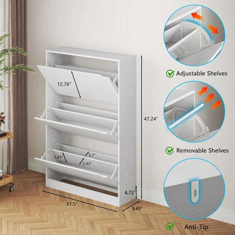 White Freestanding Shoe Cabinet With Three Flip Drawers For Entryway And Hallway Hidden Storage Large Capacity Shoe Organizer Space Saving Shoes Organization Cabinet 47.2 Inches High 31.5 Inches Wide 9.45 Inches Deep in room setting with adjustable shelves highlighted.