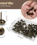 Knockout Bronze Upholstery Tacks For Couch Repairs And DIY Crafts, 11x16mm thumb pins displayed in storage tub with size info.