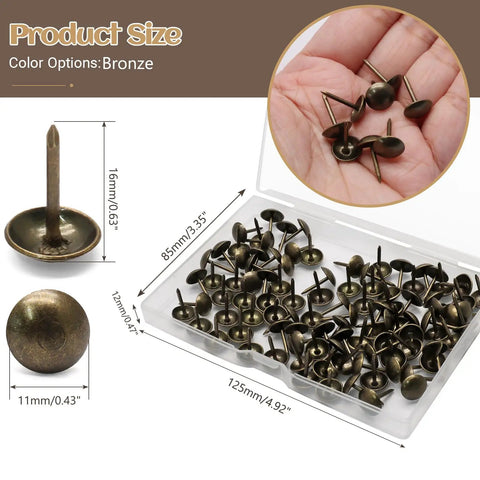 Knockout Bronze Upholstery Tacks For Couch Repairs And DIY Crafts, 11x16mm thumb pins displayed in storage tub with size info.
