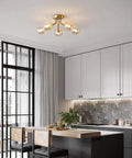 Gold Five Light Sputnik Style Ceiling Light Semi Flush Mount With Glass Globe Pendant Lamps in modern kitchen