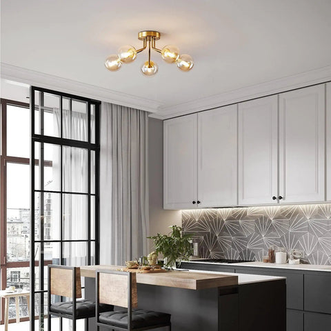 Gold Five Light Sputnik Style Ceiling Light Semi Flush Mount With Glass Globe Pendant Lamps in modern kitchen