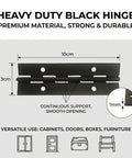 Heavy Duty No Nonsense 4 Inch Continuous Piano Hinges 8 Piece Set Black Steel For Cabinets Doors And Furniture Rust Resistant Finish Built Like A Tank For Zero Wobble Daily Operation close-up showing 10cm x 3cm dimensions.