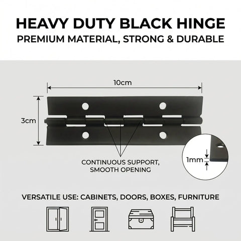 Heavy Duty No Nonsense 4 Inch Continuous Piano Hinges 8 Piece Set Black Steel For Cabinets Doors And Furniture Rust Resistant Finish Built Like A Tank For Zero Wobble Daily Operation close-up showing 10cm x 3cm dimensions.