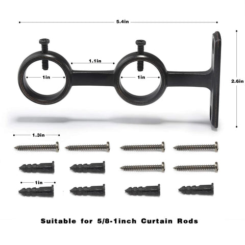 Detailed view of Three Piece Adjustable Curtain Rod Brackets Set With Double Wall Mount Holders and mounting hardware.