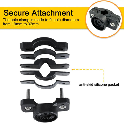 No Sweat Clamp On Bike Fishing Pole Holder And Motorcycle Rod Mount With Anti Skid Silicone Grip parts showing secure attachment features.