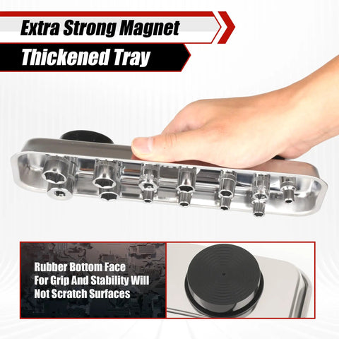 Hand holding magnetic tray from 7 Piece Telescoping Magnetic Pickup Tool Set With Extendable LED Flashlight 360 Degree Round And Square Inspection Mirrors Ideal For Gearheads And DIY Handymen Red, showing extra strong magnet and rubber base.