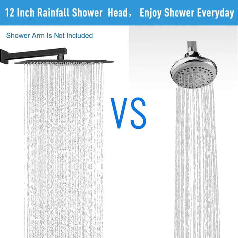 Comparison of Ultra Thin 12x12 Inch Matte Black Square Rain Shower Head with traditional round shower head