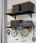Heavy-Duty 2 Pack Wall Mounted Garage Shelves With 8 Hooks, 2x4 Ft Each, 500 Lb Total Capacity, Steel Storage Racks For Tool Organization, Garage, Workshop, Home Workspace, And All Your Gear. Wall-mounted steel shelves with bins, tools, and bike