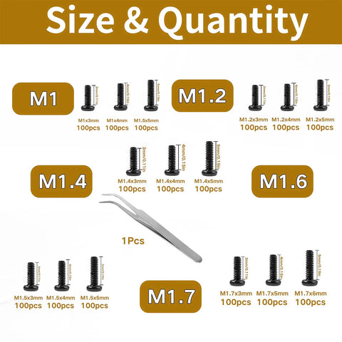 1500 Pcs Tiny Micro Repair Screws Set Black Carbon Steel Phillips Pan Head M1 To M1.7 assortment with sizes and quantities