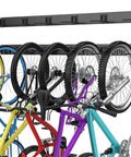 Six Bike Wall Mount Storage Rack With Interlocking Rails And Easy Snap Hooks displaying six hanging bicycles indoors