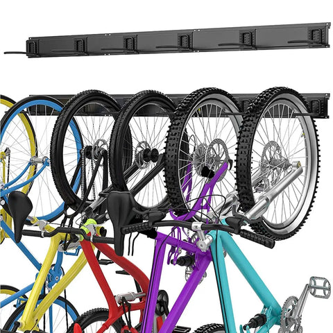 Six Bike Wall Mount Storage Rack With Interlocking Rails And Easy Snap Hooks displaying six hanging bicycles indoors