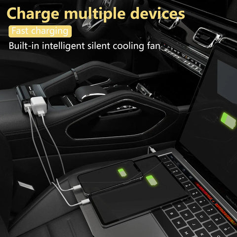 Road Life Ready 150W Car Power Inverter Converts 12V DC To 110V AC With Quick Charge Ports for charging devices in a vehicle.