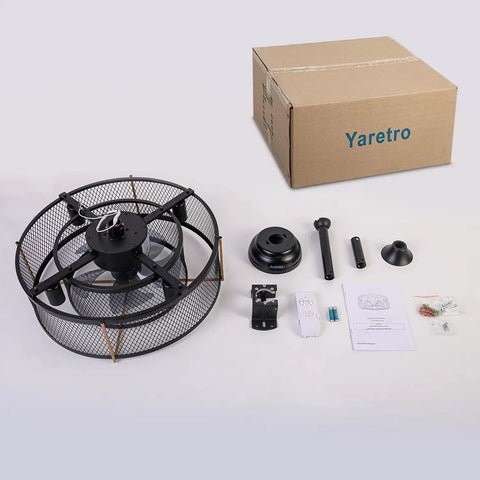 20 Inch Farmhouse Ceiling Fan With Lights Remote Control Black Industrial Cage Style Dope Reversible Motor Quiet Performance 3 Speed Settings Ideal For Living Room Bedroom Kitchen Dining Room unassembled on floor