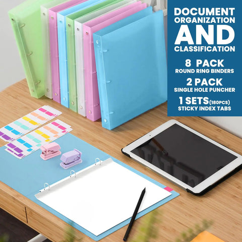 8 Pack 1 Inch 3 Ring Binders Set With 2 Pack Single Hole Punch And 120 Sticky Index Tabs Dope Colorful Pink Blue Green White