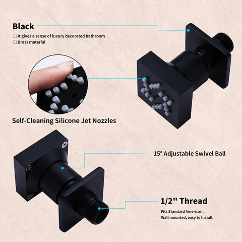 Matte Black Dual Shower Valve System With Thermostatic Temperature Control Rock Solid High Flow Bathroom Hardware with self-cleaning nozzles.