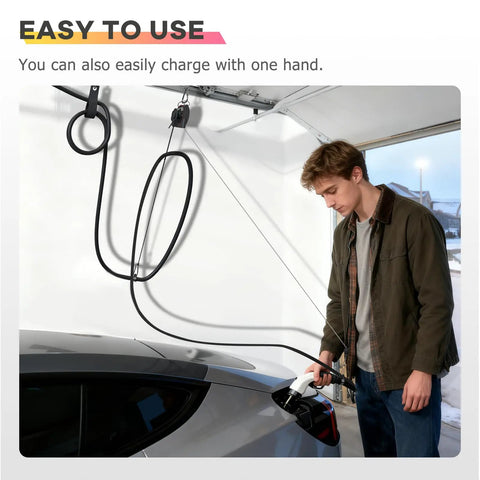 Universal EV Charger Cable Organizer With Retractable Overhead Mount For A Slick Garage Setup, shown in use with one hand.