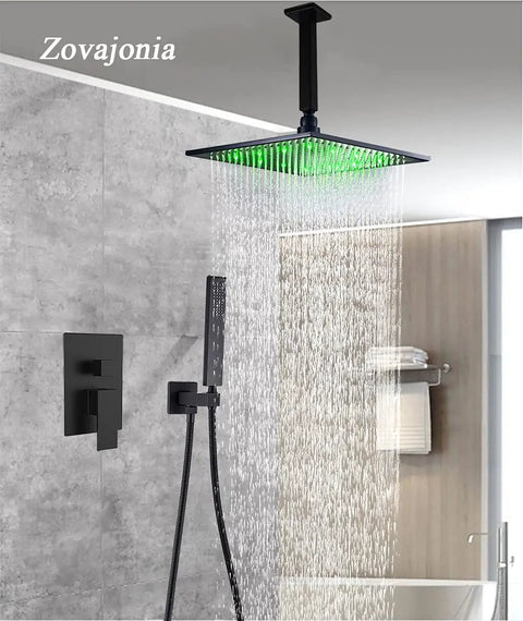 Dope LED Rain Shower System with 12 Inch Square Brass Rain Head, green LED light, ceiling mounted, black finish, bathroom setting.