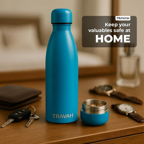 Blue Dual Chamber Water Bottle With Hidden Storage Stash Compartment Insulated Double Walled Stainless Steel Tumbler 17oz