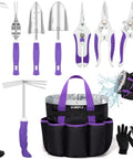 Purple Garden Tool Set For Women 11-Piece Heavy Duty Gardening Kit With Detachable Storage Bag and Accessories Displayed