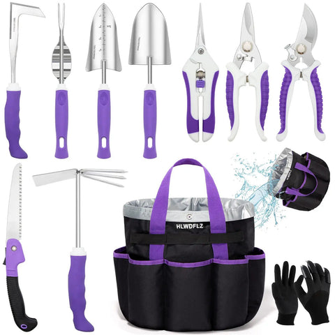 Purple Garden Tool Set For Women 11-Piece Heavy Duty Gardening Kit With Detachable Storage Bag and Accessories Displayed