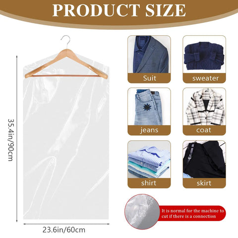 20 Pack Clear Garment Bags For Hanging Clothes Plastic Dry Cleaner Bags With Dustproof Covers Transparent Clothes Covers For Travel Home Storage And Dry Cleaning 60x90cm showing size and suitable clothes like suit, sweater, jeans, coat, shirt, skirt