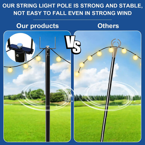 Comparison of sturdy metal string light poles 2 pack for outdoor use featuring a forked base next to other pole type.