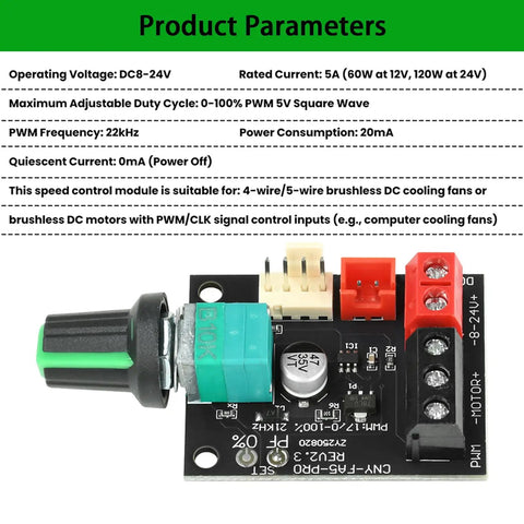 Brushless Motor Speed Controller Module 8 To 24 Volt For DIY Fans And Motors, PWM Precision Speed Control, product parameters