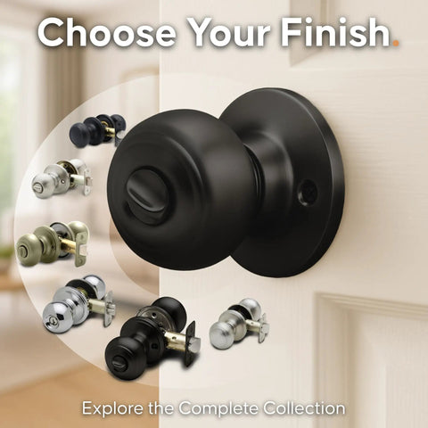 Privacy Interior Door Knob Set 2 Pack with Turn Button Lock Reversible Matte Black on Door with Multiple Finish Options Displayed