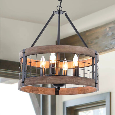4-Light Farmhouse Drum Chandelier with rustic wood rings and black metal, 17.8 inch, hanging in dining room.