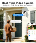 Solar Powered Wireless Outdoor Security Camera With 2K Resolution 360 Degree Pan Tilt Auto Tracking Spotlight TF Card Storage 2.4 GHz WiFi Detachable Solar Panel Type C Backup R6 One Pack installed above a front door.
