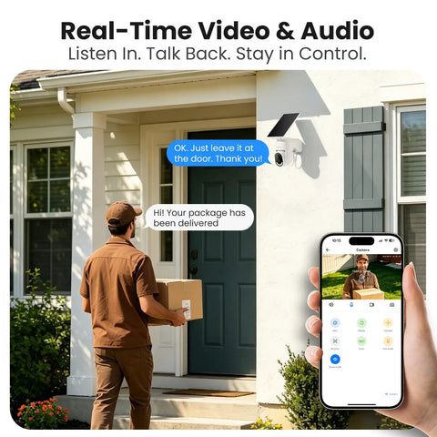 Solar Powered Wireless Outdoor Security Camera With 2K Resolution 360 Degree Pan Tilt Auto Tracking Spotlight TF Card Storage 2.4 GHz WiFi Detachable Solar Panel Type C Backup R6 One Pack installed above a front door.
