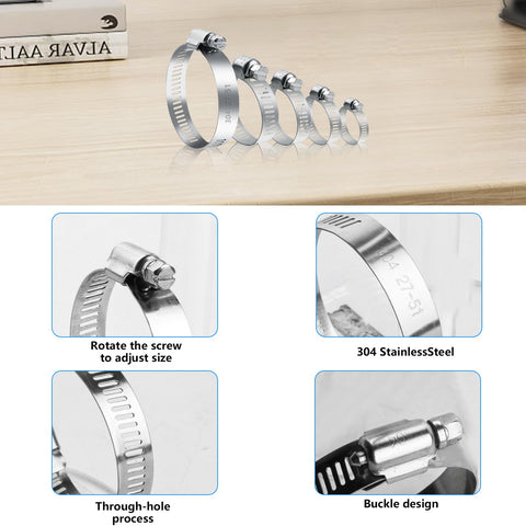 Adjustable Stainless Steel Hose Clamps Kit, 25 Pieces, Range 1/4 to 2 Inches, 6-51mm, showing various sizes on table.
