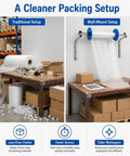 Comparison of packing setups showcasing Heavy Duty Wall Mounted Bubble Wrap Dispenser And No Sweat Cushion Foam Stand for efficient packing.