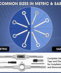 39 Piece Tap And Die Set For Threads Metric And SAE Kit with common sizes and tools displayed in circular layout