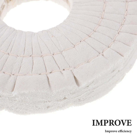 Close-up view of Cotton Buffing Polishing Wheel 150x50x20mm For Woodworking Edge Banding Machines White Cloth Wheel Replacement.