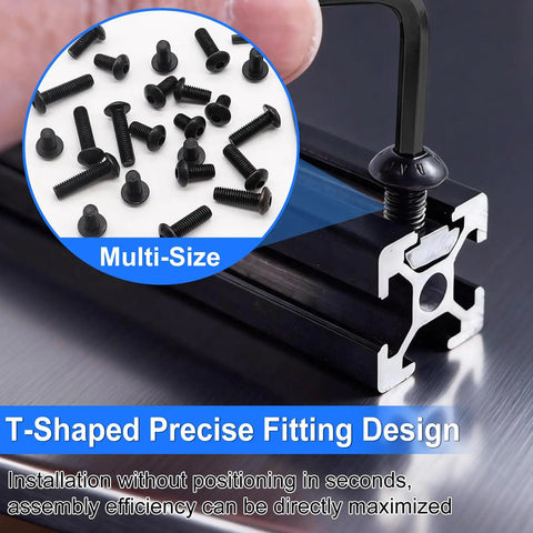 Straight Up Solid 260 Piece M5 T Slot Nuts And Bolts Assortment Kit For 2020 Series Aluminum Extrusion Rails, hex socket screws in multi-sizes.