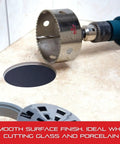 Diamond Grit Hole Saw For Small Holes, 2 1/8 Inch Diameter, 1 5/8 Inch Cutting Depth shown with glass surface