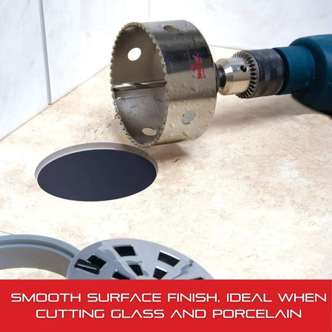 Diamond Grit Hole Saw For Small Holes, 2 1/8 Inch Diameter, 1 5/8 Inch Cutting Depth shown with glass surface
