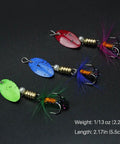 Four colorful spinnerbaits from the 10 Piece Spinner Lures Kit with Tackle Box for Freshwater and Saltwater Fishing.