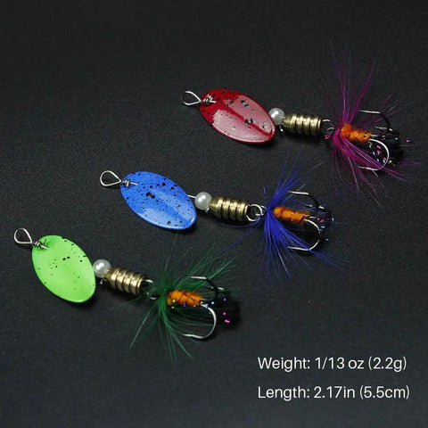 Four colorful spinnerbaits from the 10 Piece Spinner Lures Kit with Tackle Box for Freshwater and Saltwater Fishing.