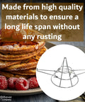 Fryer Oil Filter Stand With Folding Arms That Clamps To Deep Fryers, Rugged Oil Filter Holder, with text overlay on pancakes