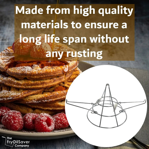 Fryer Oil Filter Stand With Folding Arms That Clamps To Deep Fryers, Rugged Oil Filter Holder, with text overlay on pancakes