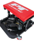 Foldable C Frame Creeper Rolling Work Seat With Tool Tray For Mechanics In Garages And Shops Black Red 12 And A Half Inch Height Ergonomic Comfort Fold Up And Roll For Easy Storage And Quick Access To Tools displaying tools in tray