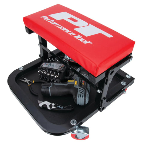 Foldable C Frame Creeper Rolling Work Seat With Tool Tray For Mechanics In Garages And Shops Black Red 12 And A Half Inch Height Ergonomic Comfort Fold Up And Roll For Easy Storage And Quick Access To Tools displaying tools in tray