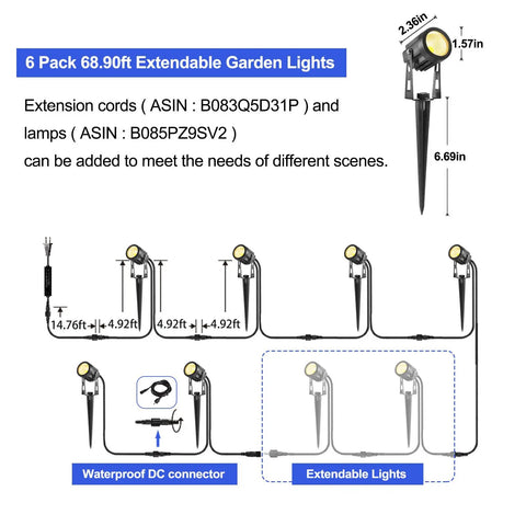 Diagram of Extendable 6 In 1 Low Voltage Landscape Lighting Kit With Transformer 3W 12V IP65 Waterproof Outdoor Spotlight with dimensions