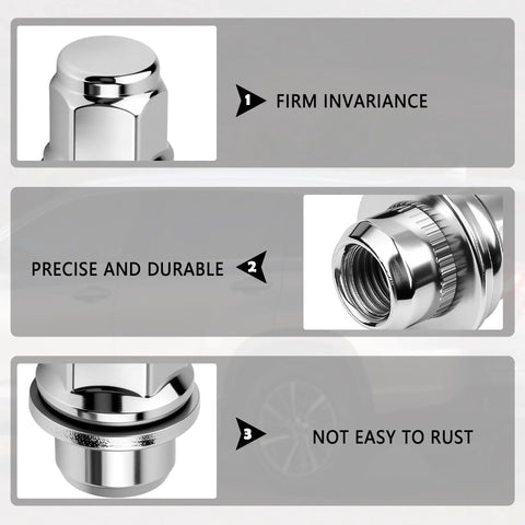 4 Piece M12x1.5 Lug Nuts Set Chrome Plated Steel Wheel Locks With Washer Replacement For OEM 90084 94001 90942 01033 MB579290 Toyota Camry Prius Lexus ES250 Scion Easy Install showing steel details and durability.