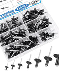210 Piece Black Pop Rivet Kit With Large Flange Aluminum Rivets In Seven Sizes One Eighth Inch Three Sixteenths Inch One Quarter Inch For DIY Projects Pro Grade Auto Repairs And More Case Included displayed in organizer