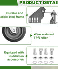 Universal Lawn Mower Swivel Wheel Kit with TPR tires, steel brackets, bolts, lock nuts, and dual bearings details.
