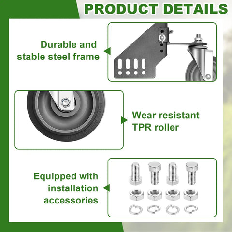 Universal Lawn Mower Swivel Wheel Kit with TPR tires, steel brackets, bolts, lock nuts, and dual bearings details.